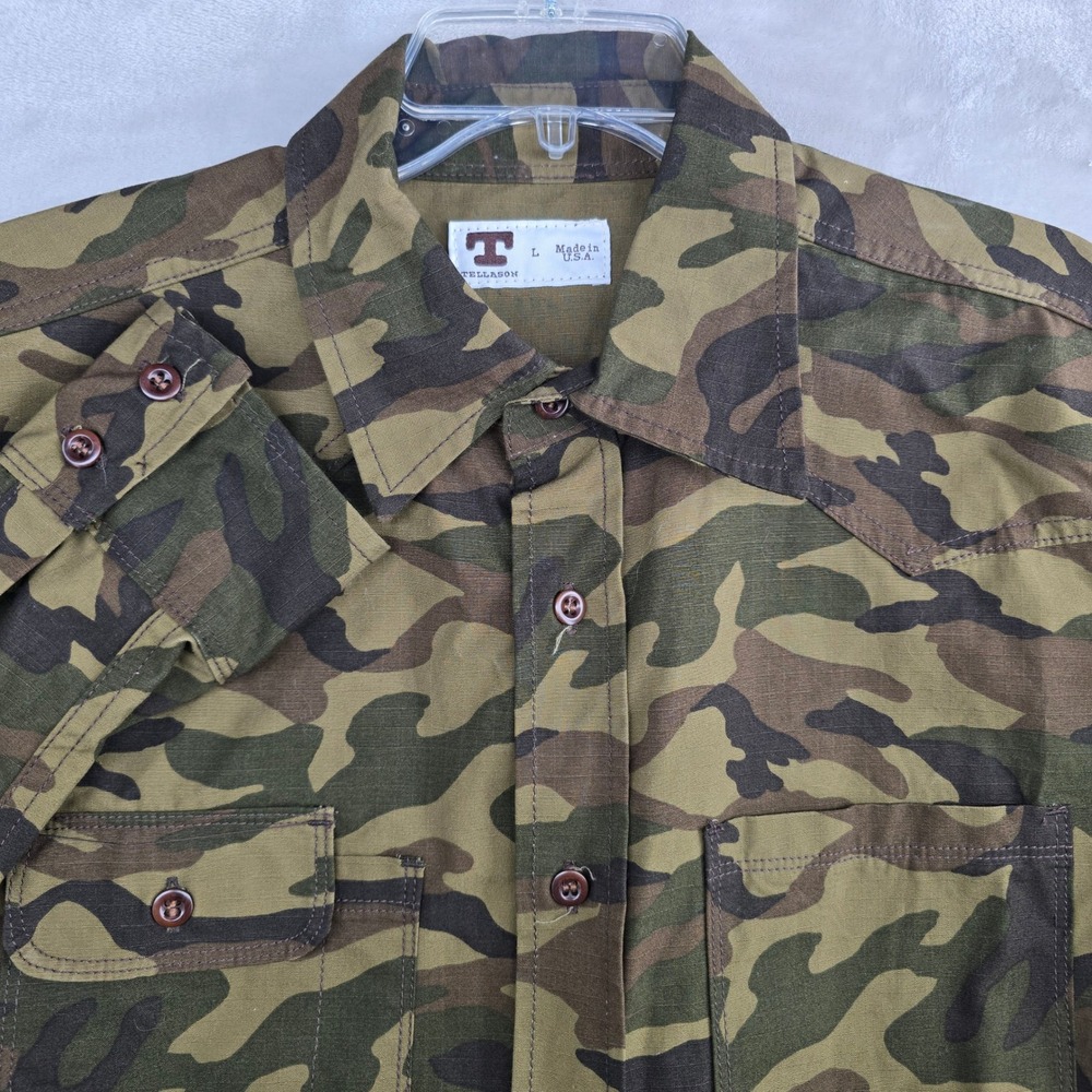 TELLASON Camo Long Sleeve Ripstop Shirt Men's Large Made in USA Japanese fabric